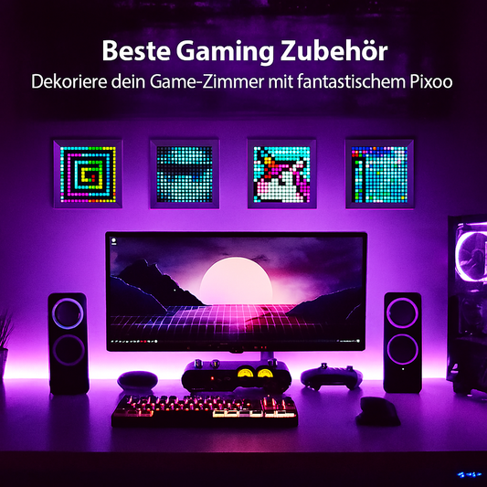 LED-Bilderrahmen mit App-Steuerung über dem beleuchteten Gaming-Setup mit Monitor, Tastatur und Lautsprechern